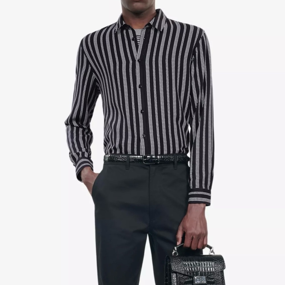 The KOOPLES Men's Black and white dot stripe PDP Lines Dress Shirt NWT XL
